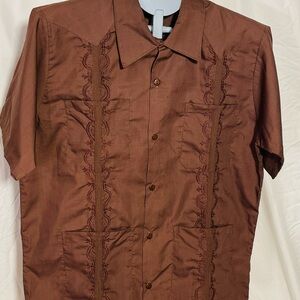 Elegant Brown Embroidered Men's Guayabera